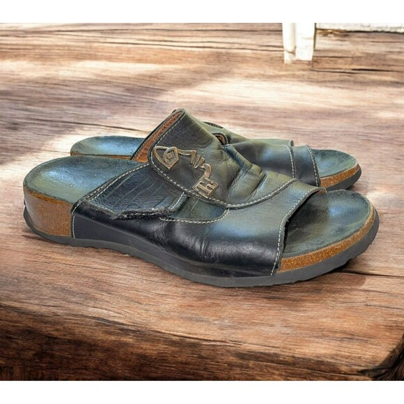 Think! 38/7.5 Mizzi Black Leather Artsy Comfort Slide Sandals Lagenlook - Picture 1 of 7